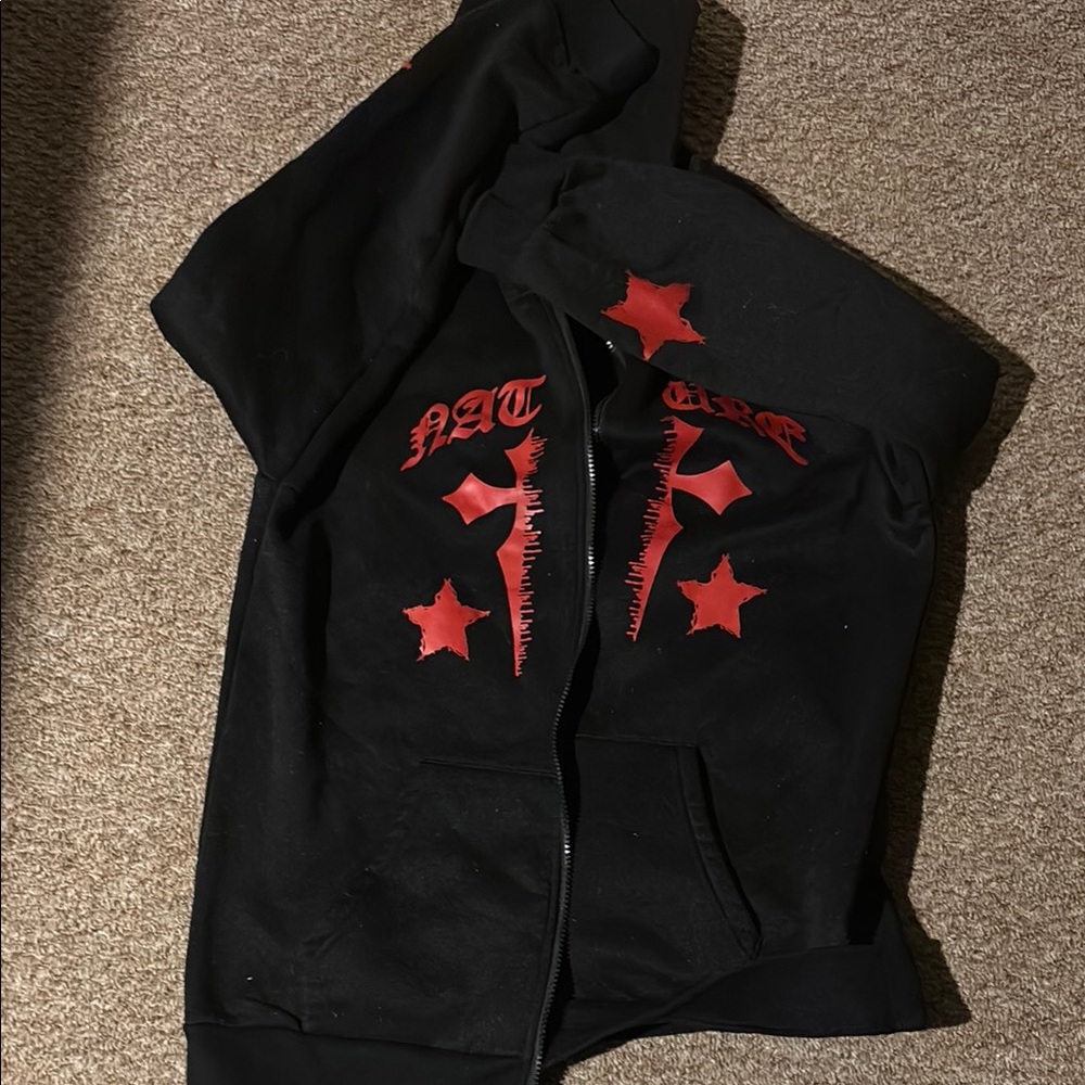 Black Hoodie with Red Star Design